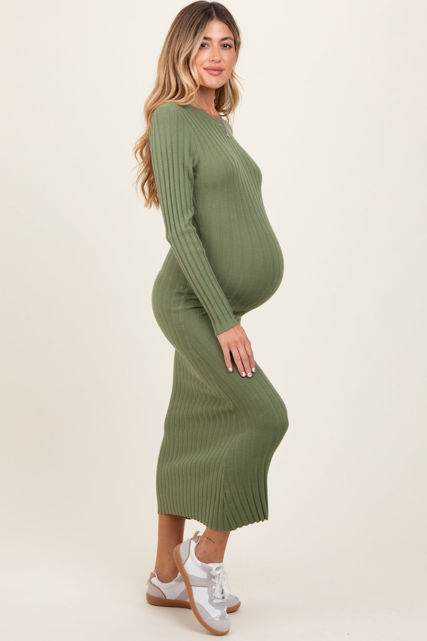 Olive Ribbed Knit Fitted Maternity Midi Sweater Dress