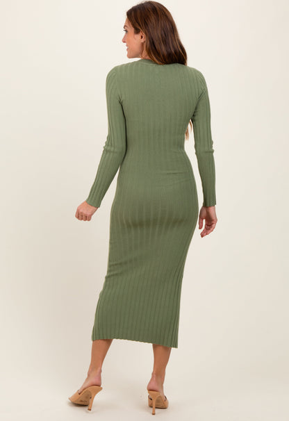 Olive Ribbed Knit Fitted Midi Sweater Dress