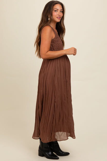 Mocha Textured Smocked Bodice Sleeveless Maternity Maxi Dress