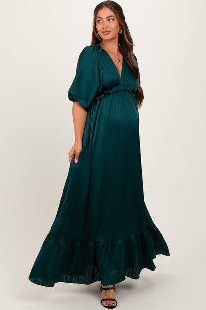 Forest Green Striped Ruffle Accent Maternity Maxi Dress
