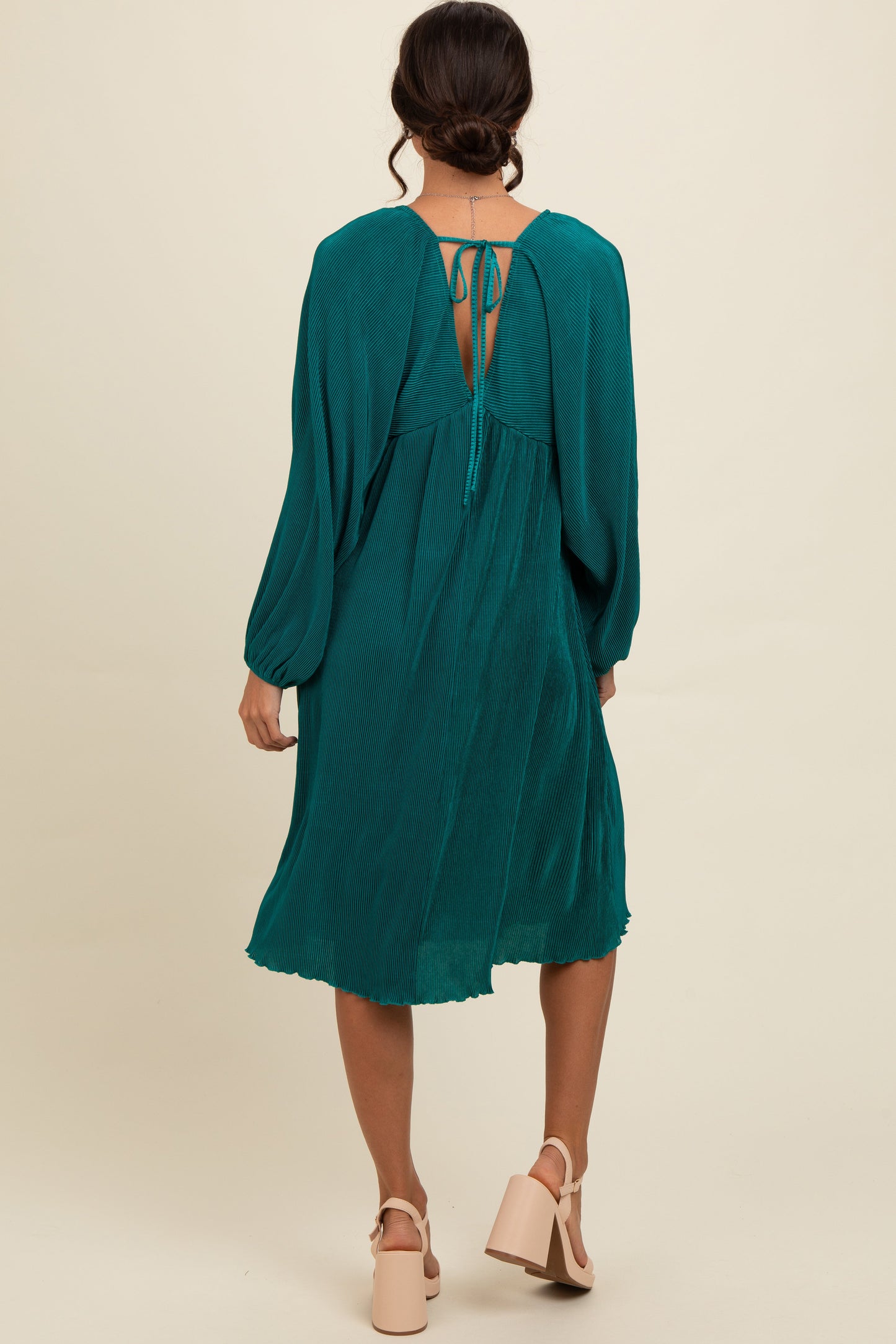 Forest Green Pleated Deep V-Neck Midi Dress