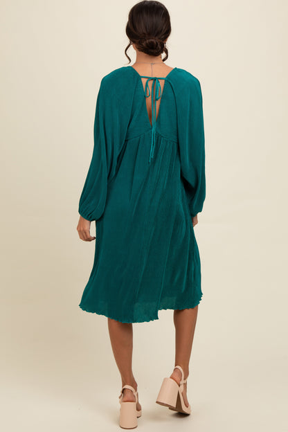 Forest Green Pleated Deep V-Neck Midi Dress