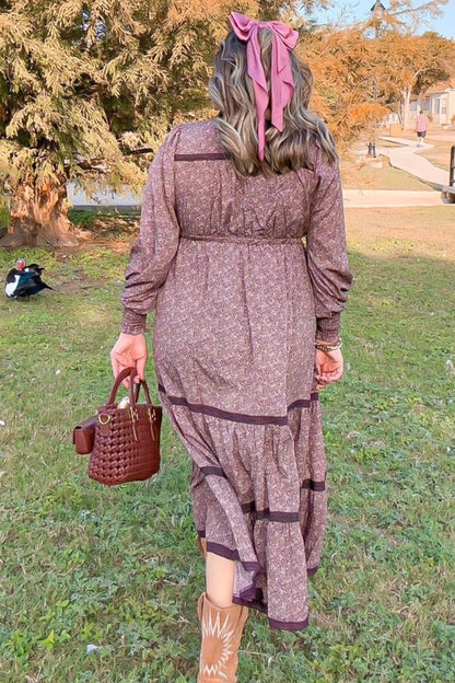 Brown Floral Lace Trim Bubble Sleeve Maxi Dress