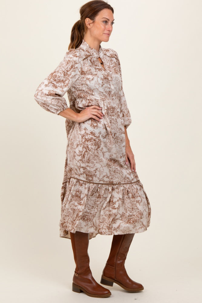 Brown Printed Split Ruffle Collar Midi Dress