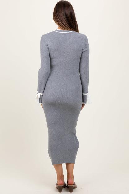 Grey Knit Bow Detail Sleeve Maternity Midi Sweater Dress