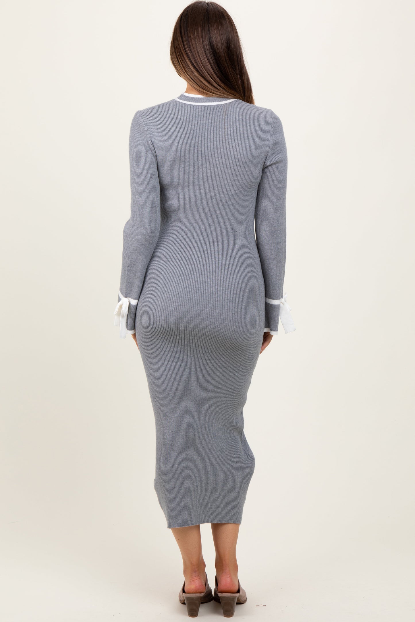 Grey Knit Bow Detail Sleeve Maternity Midi Sweater Dress