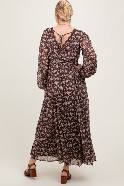 Brown Floral Chiffon Lace Trim Back Tie Maxi Dress