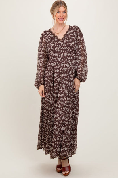 Brown Floral Chiffon Lace Trim Back Tie Maternity Maxi Dress