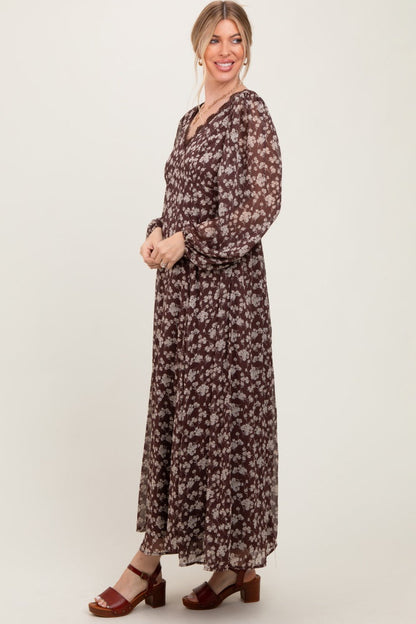 Brown Floral Chiffon Lace Trim Back Tie Maxi Dress