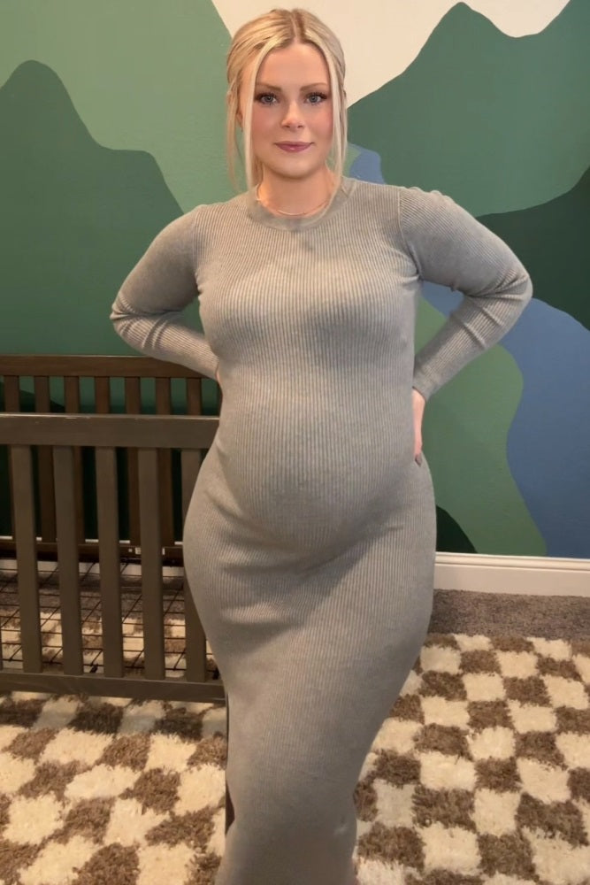 Heather Grey Ribbed Knit Long Sleeve Side Slit Maternity Maxi Dress