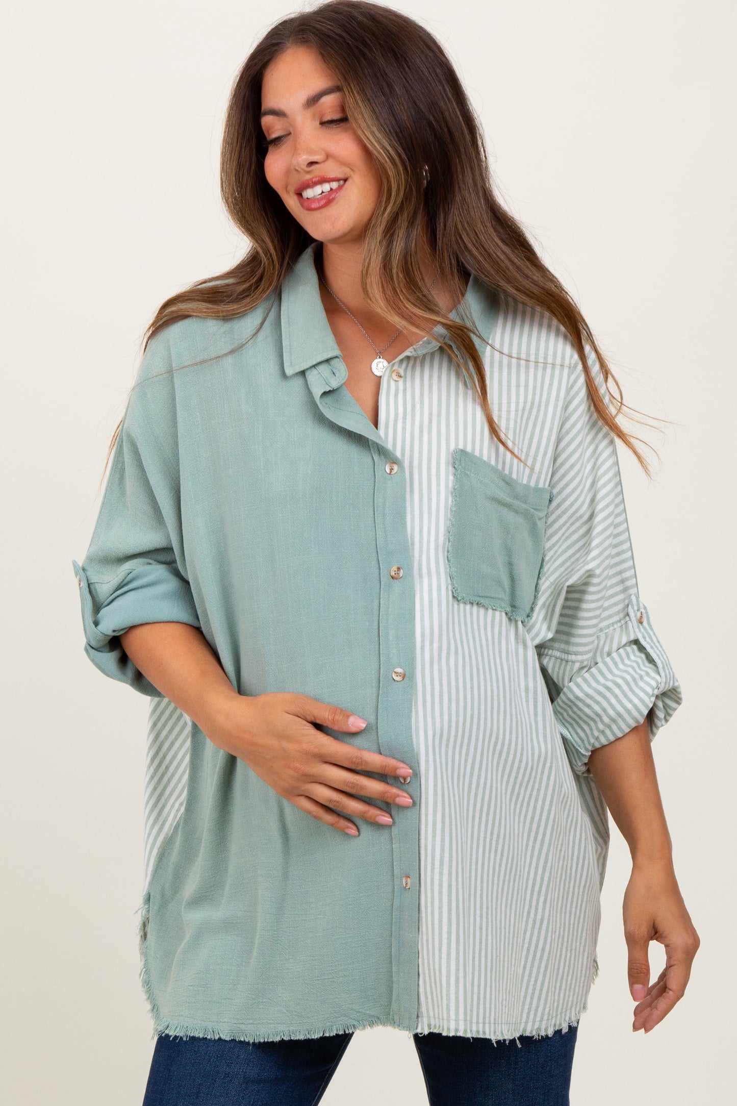 Light Olive Colorblock Stripe Oversized Maternity Button Down