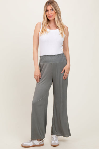 Olive Ribbed Smocked Waistband Wide Leg Pants