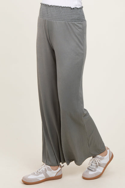 Olive Ribbed Smocked Waistband Wide Leg Pants