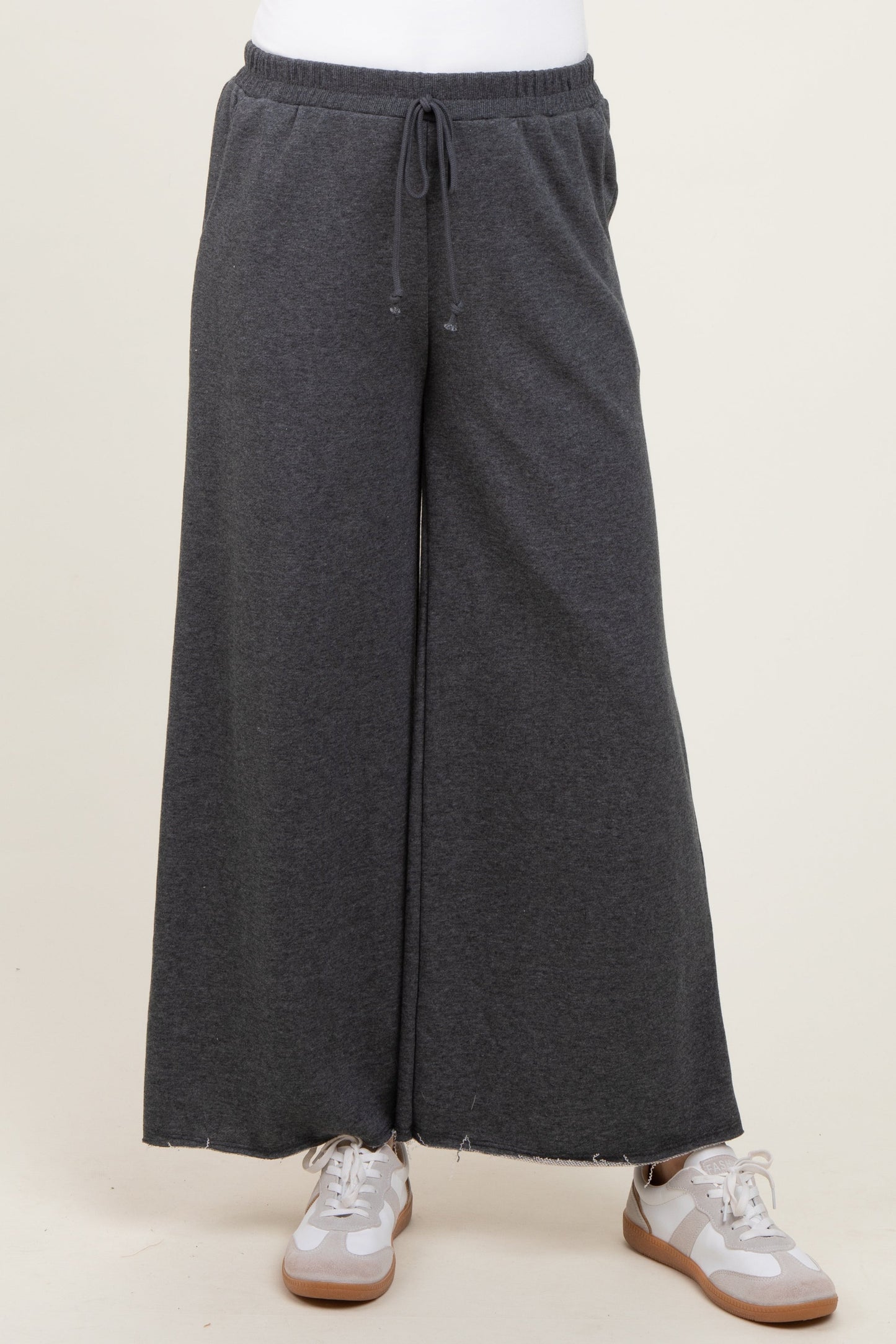 Charcoal French Terry Raw Edge Wide Leg Pants