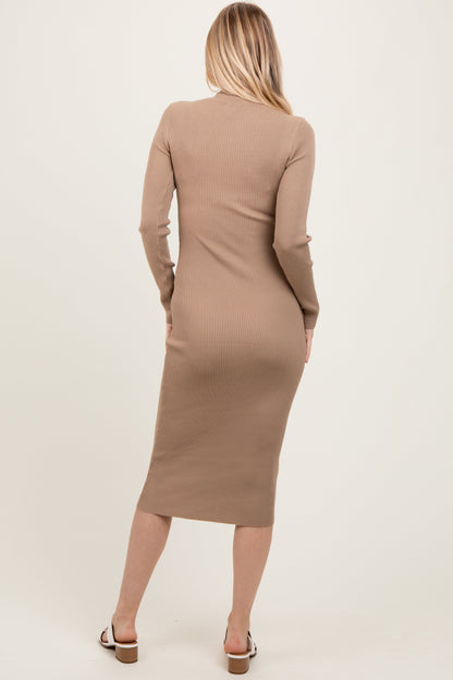Light Taupe Mock Neck Fitted Ribbed Knit Midi Dress
