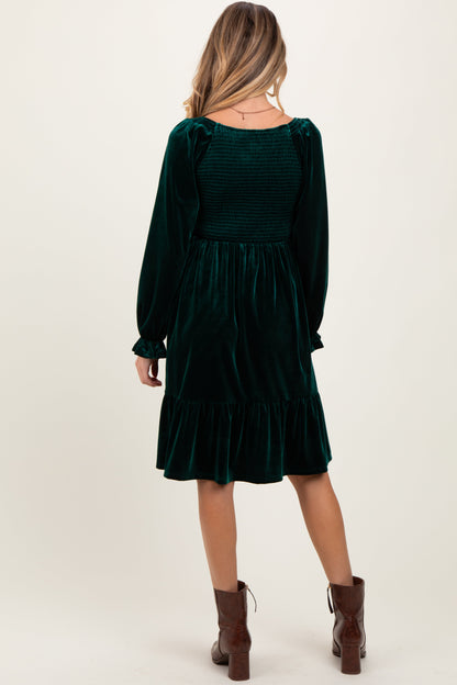 Forest Green Velvet Smocked Maternity Long Sleeve Dress