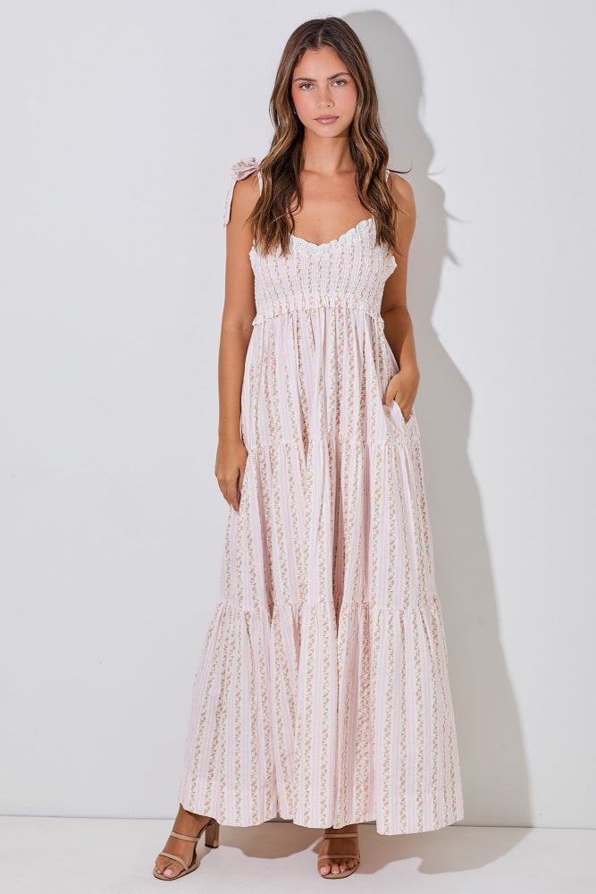 Pink Floral Striped Smocked Shoulder Tie Maxi Dress