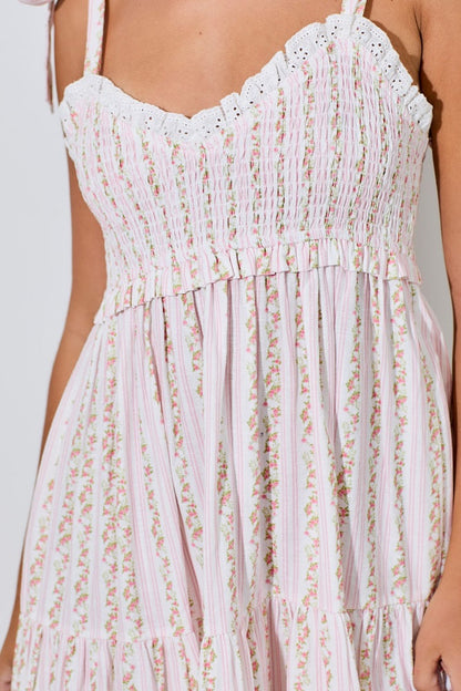 Pink Floral Striped Smocked Shoulder Tie Maxi Dress