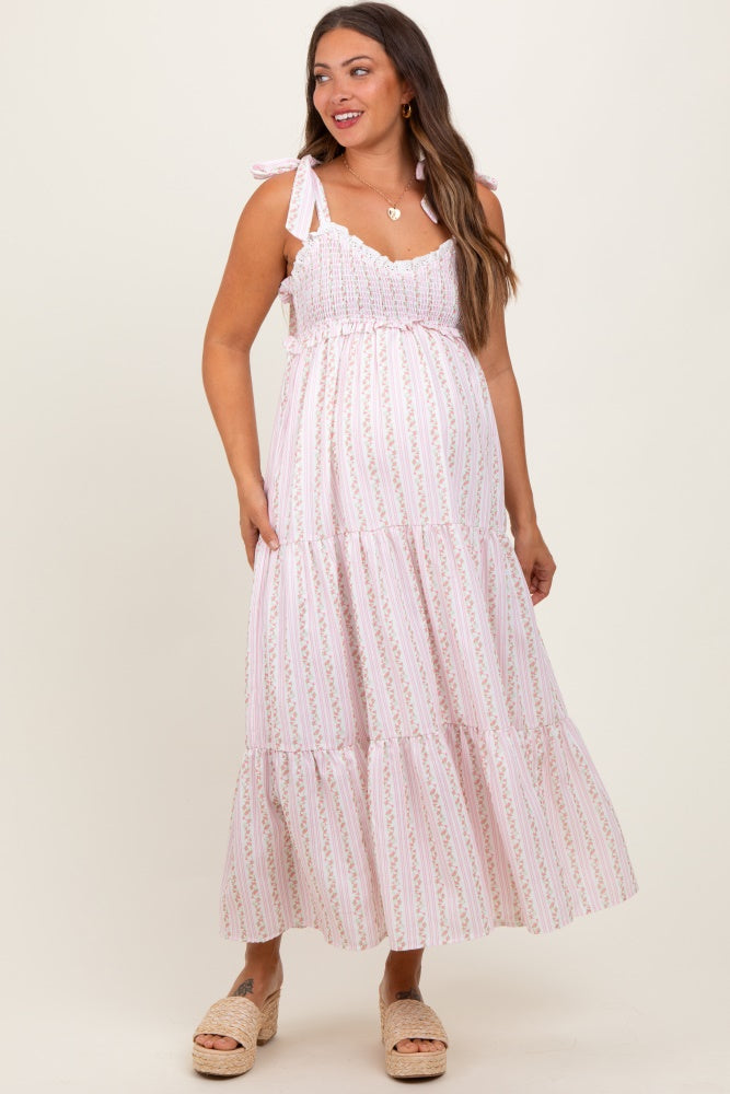 Pink Floral Striped Smocked Shoulder Tie Maternity Maxi Dress