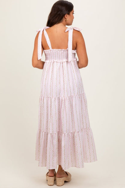 Pink Floral Striped Smocked Shoulder Tie Maternity Maxi Dress