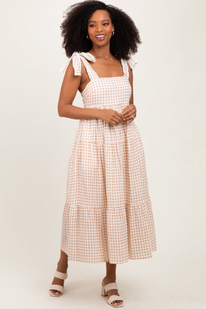 Camel Gingham Lace Trim Shoulder Tie Maxi Dress