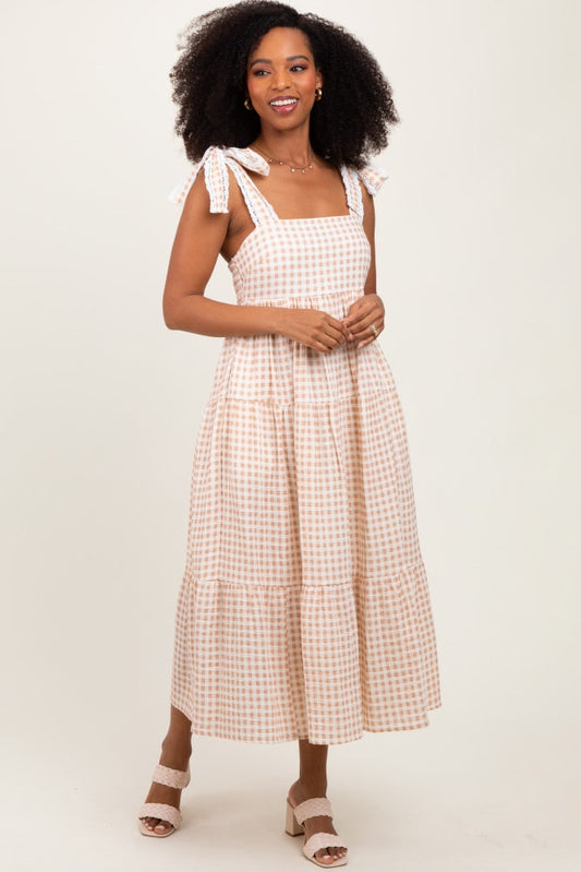 Camel Gingham Lace Trim Shoulder Tie Maxi Dress