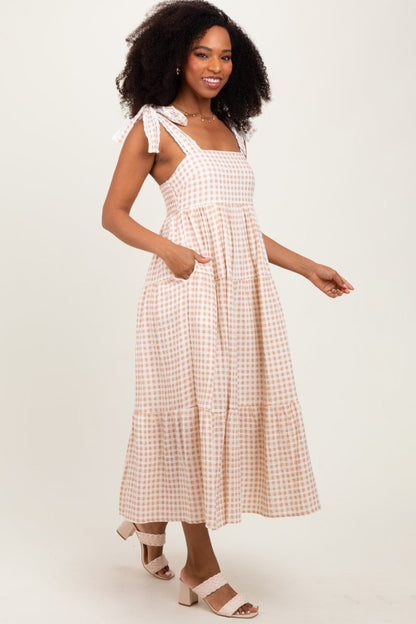 Camel Gingham Lace Trim Shoulder Tie Maxi Dress