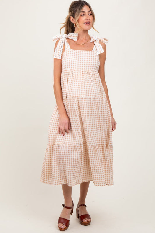 Camel Gingham Lace Trim Shoulder Tie Maternity Maxi Dress