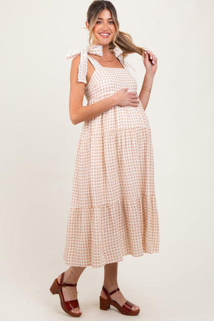 Camel Gingham Lace Trim Shoulder Tie Maternity Maxi Dress