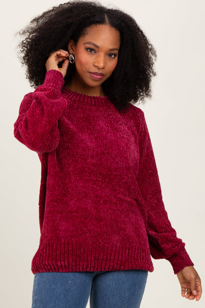Burgundy Chenille Knit Balloon Sleeve Sweater
