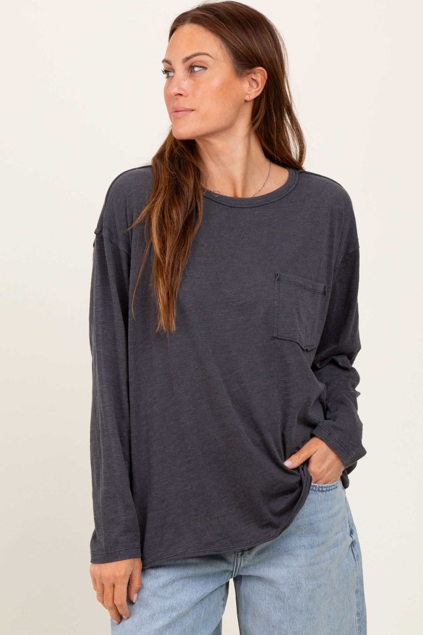 Charcoal Mineral Wash Front Pocket Long Sleeve Top