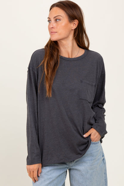 Charcoal Mineral Wash Front Pocket Long Sleeve Top