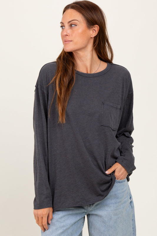 Charcoal Mineral Wash Front Pocket Long Sleeve Top