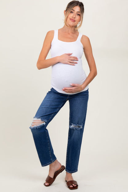 Navy Blue Distressed Open Knee Cropped Maternity Straight Leg Jeans