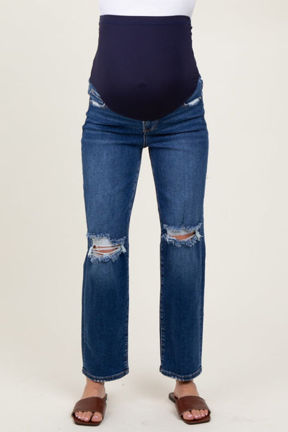 Navy Blue Distressed Open Knee Cropped Maternity Straight Leg Jeans