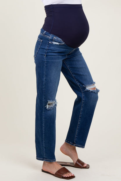 Navy Blue Distressed Open Knee Cropped Maternity Straight Leg Jeans