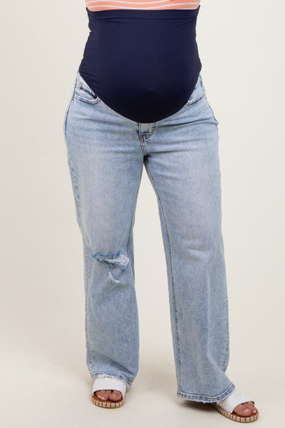 Light Blue Acid Wash Open Knee Wide Leg Maternity Plus Jeans