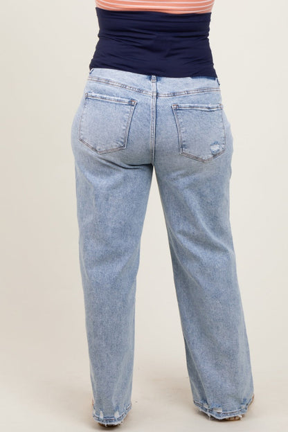 Light Blue Acid Wash Open Knee Wide Leg Maternity Plus Jeans