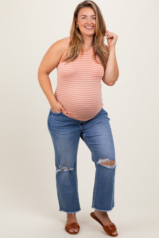 Blue Open Knee Fringe Hem Cropped Wide Leg Maternity Plus Jeans