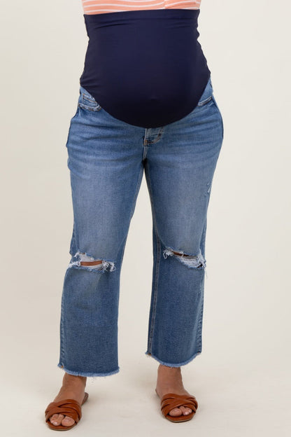 Blue Open Knee Fringe Hem Cropped Wide Leg Maternity Plus Jeans