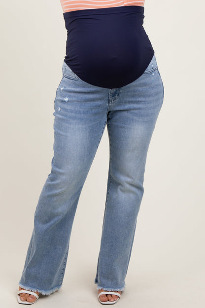 Light Blue Distressed Fringe Hem Flare Leg Maternity Plus Jeans