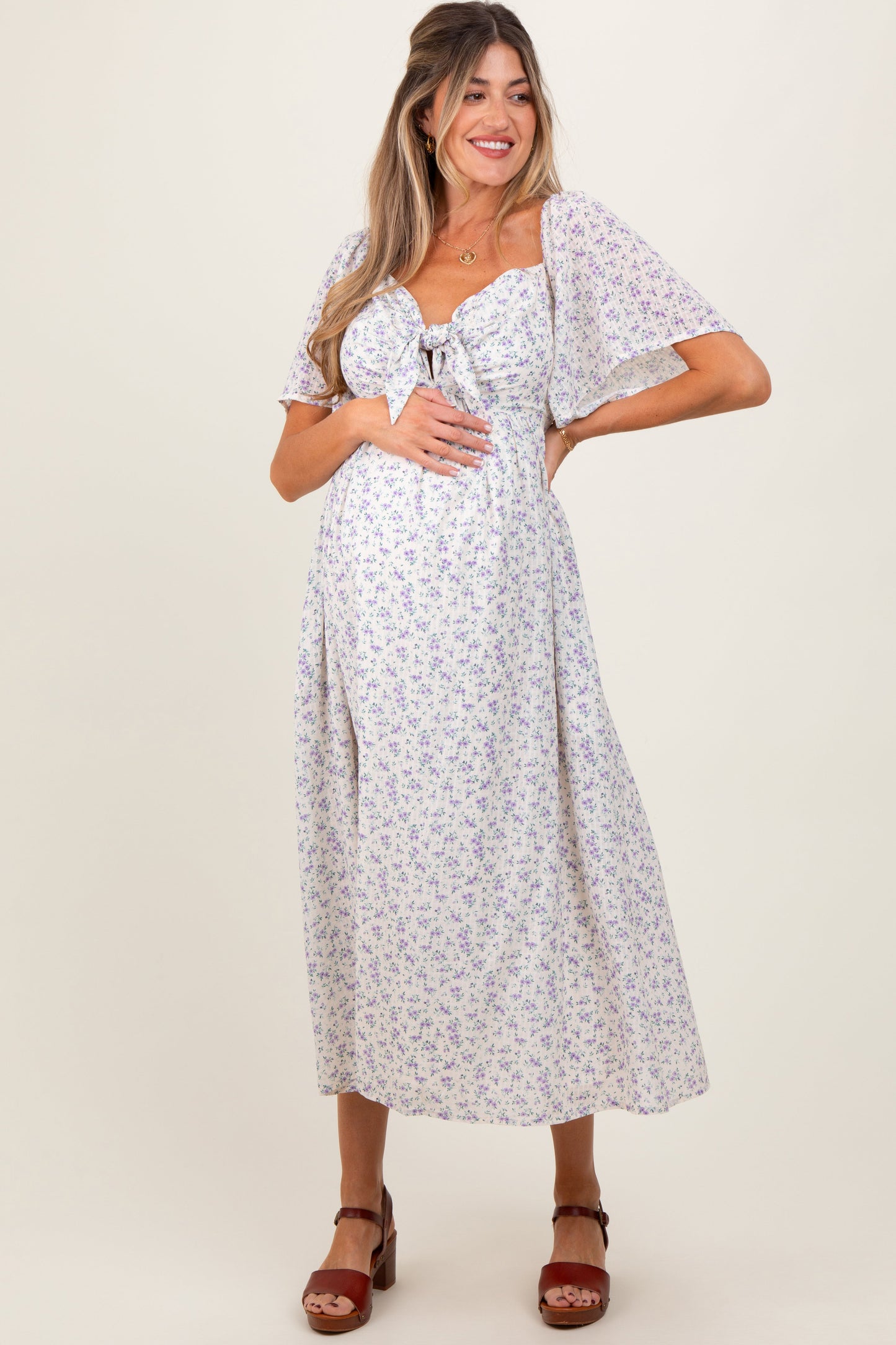 Lavender Floral Front Tie Maternity Midi Dress