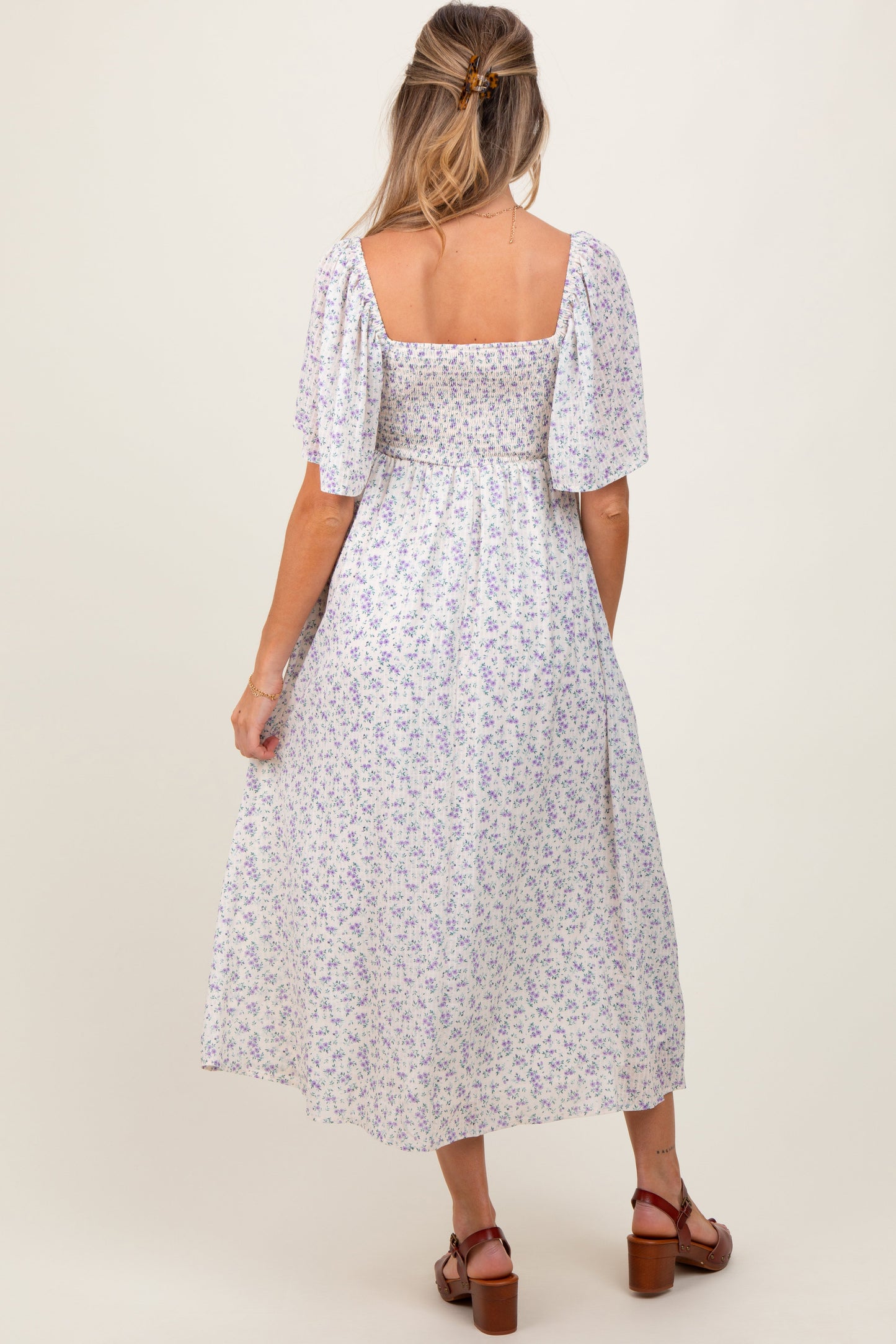 Lavender Floral Front Tie Maternity Midi Dress