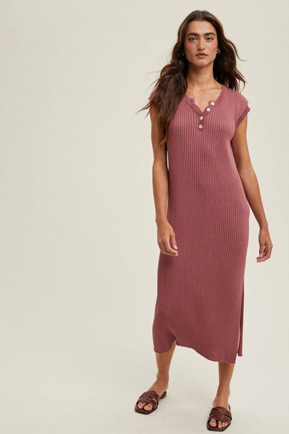 Mauve Ribbed Knit Button Up Sleeveless Midi Dress