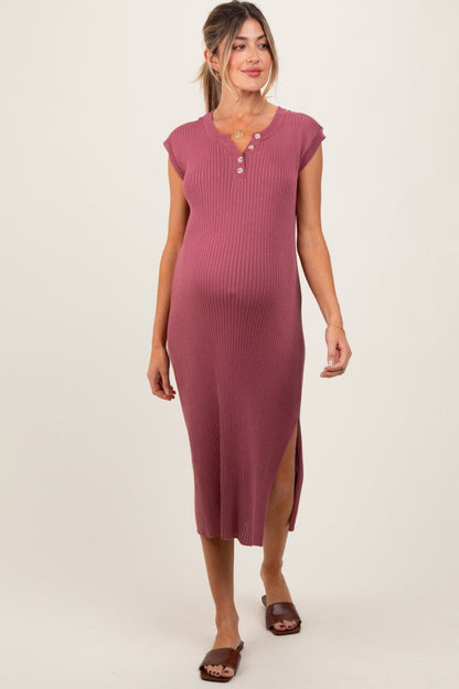 Mauve Ribbed Knit Button Up Sleeveless Maternity Midi Dress
