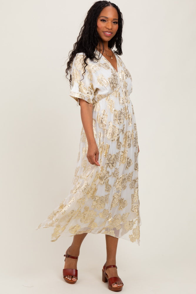 Cream Metallic Floral Jacquard Overlay Maxi Dress