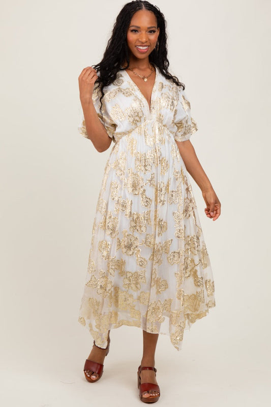 Cream Metallic Floral Jacquard Overlay Maxi Dress
