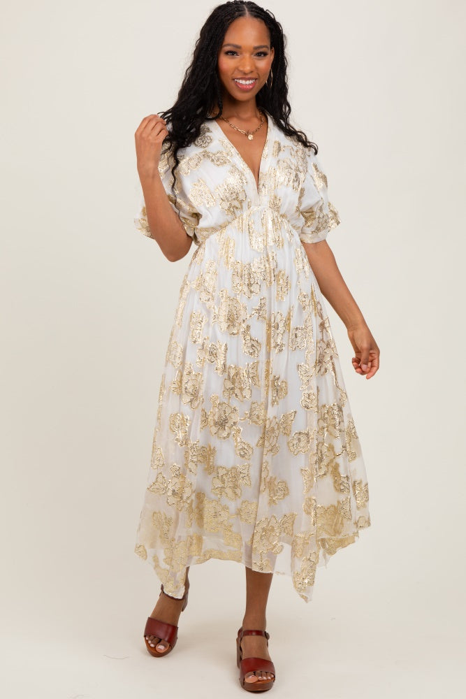 Cream Metallic Floral Jacquard Overlay Maternity Maxi Dress