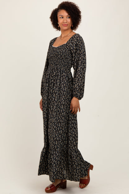 Black Floral Smocked Lace Trim Sweetheart Maxi Dress