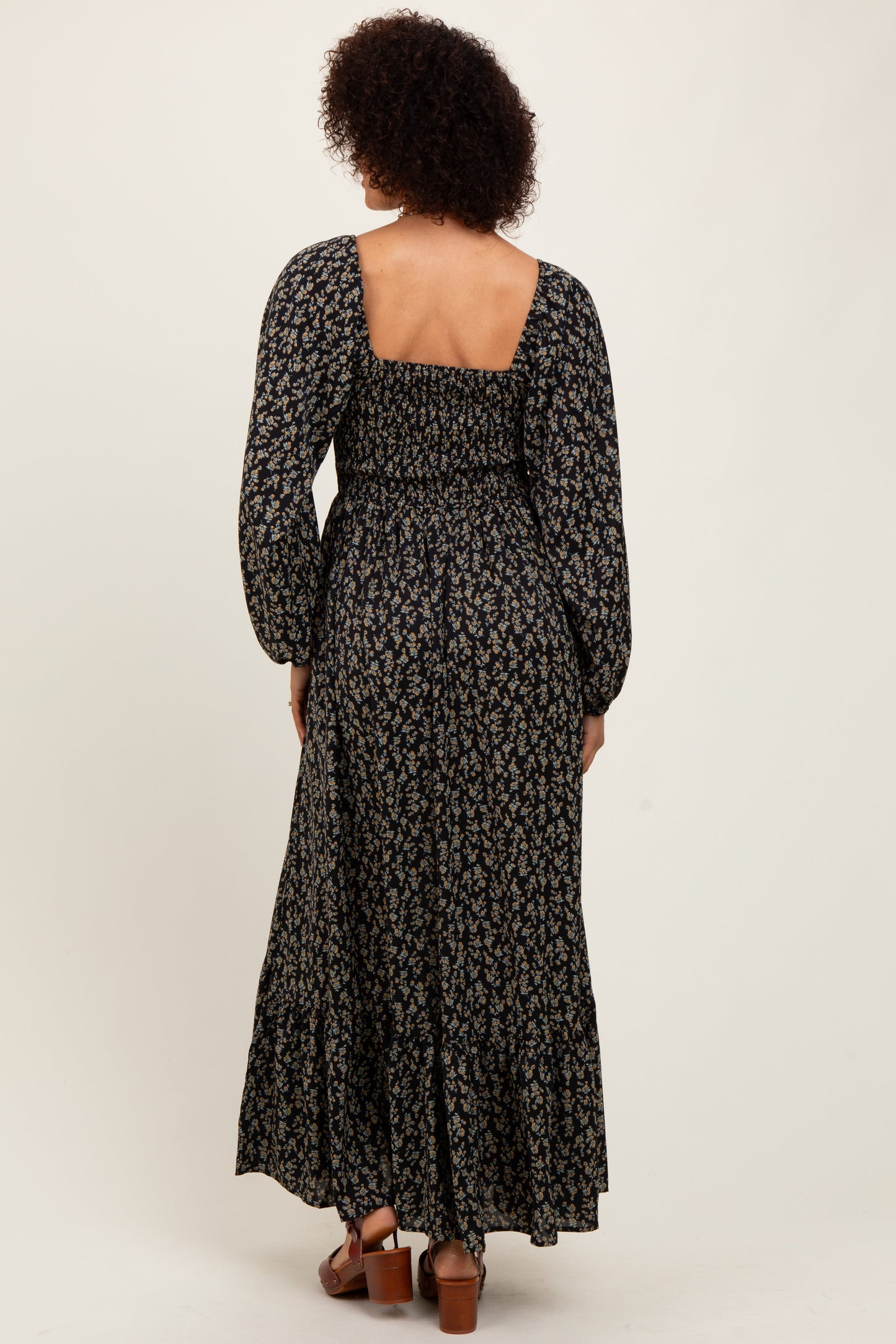 Black Floral Smocked Lace Trim Sweetheart Maxi Dress